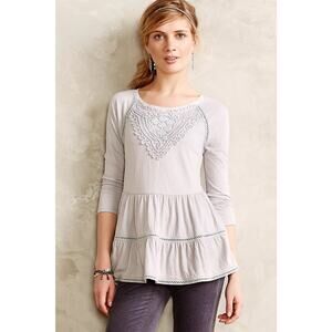 Anthropologie Meadow Rue Medium Gray Crochet Tiered Frayed Blouse Size XS